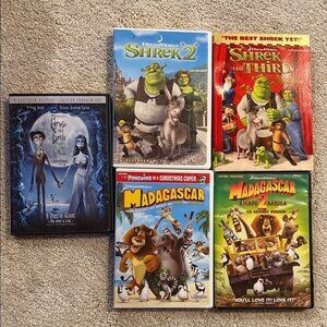 Set of 5 Assorted Animated Movie DVD Collection-Shrek, Madagascar & Corpse Bride